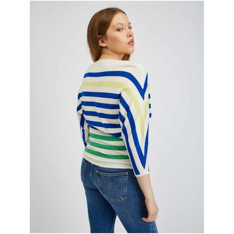 Modro-krémový dámský pruhovaný svetr