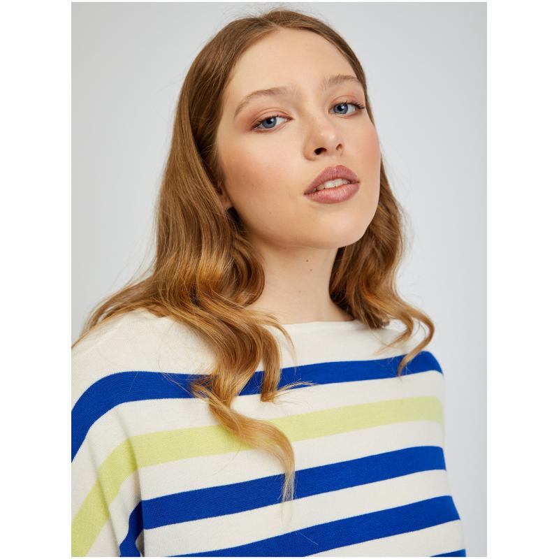 Modro-krémový dámský pruhovaný svetr