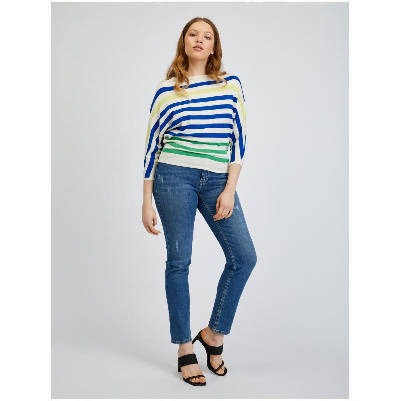 Modro-krémový dámský pruhovaný svetr