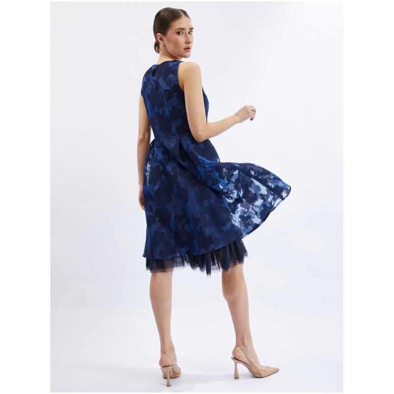 Sötétkék női ruha díszes részletekkel