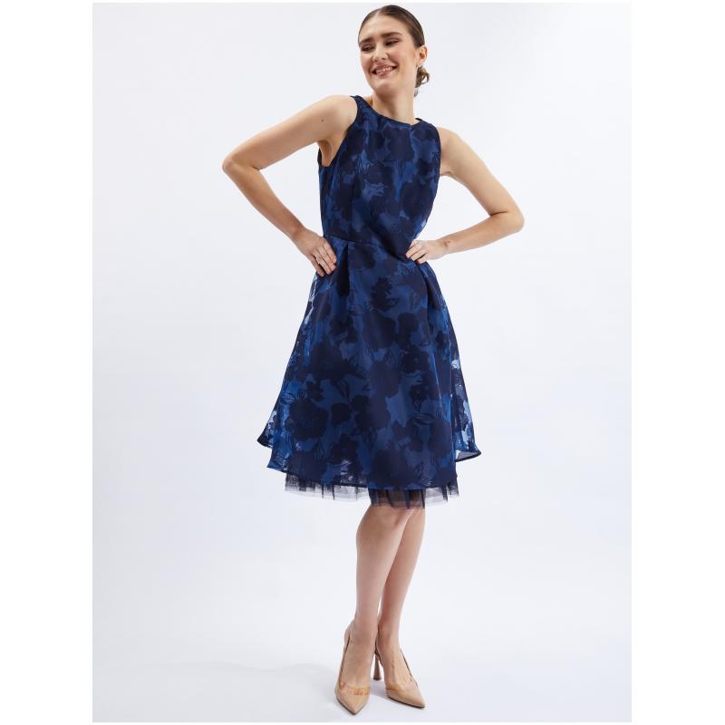 Sötétkék női ruha díszes részletekkel