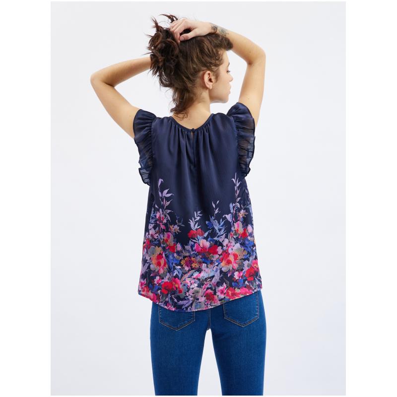 Sötétkék női virágos blúz fodorral