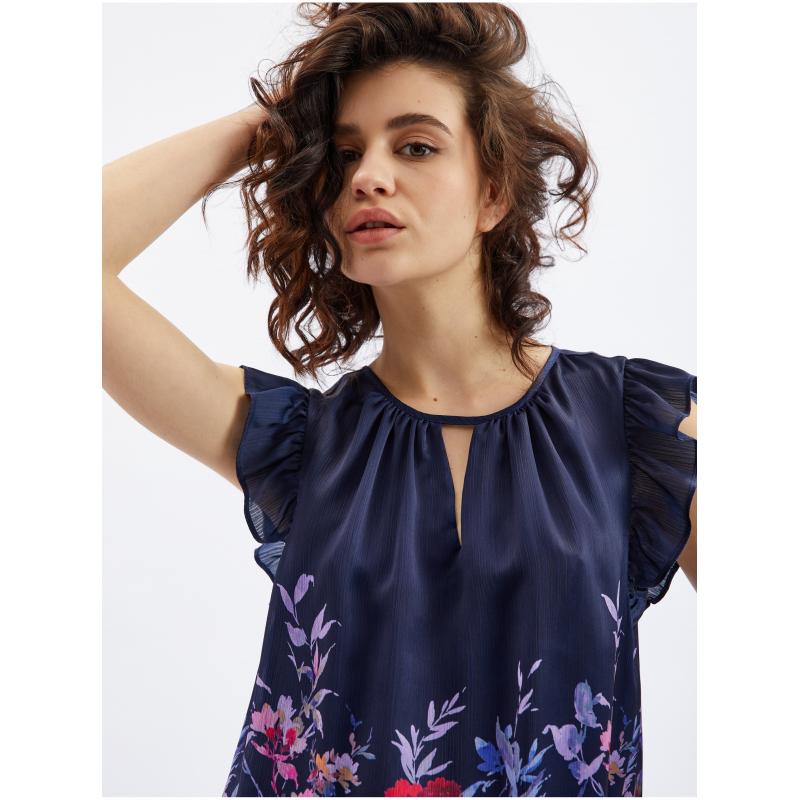 Sötétkék női virágos blúz fodorral