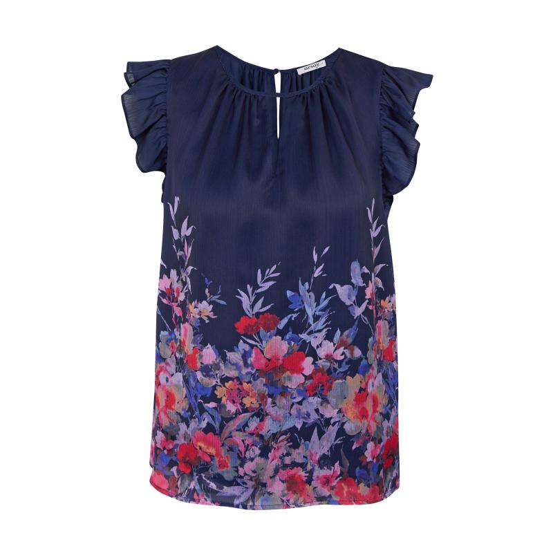Sötétkék női virágos blúz fodorral
