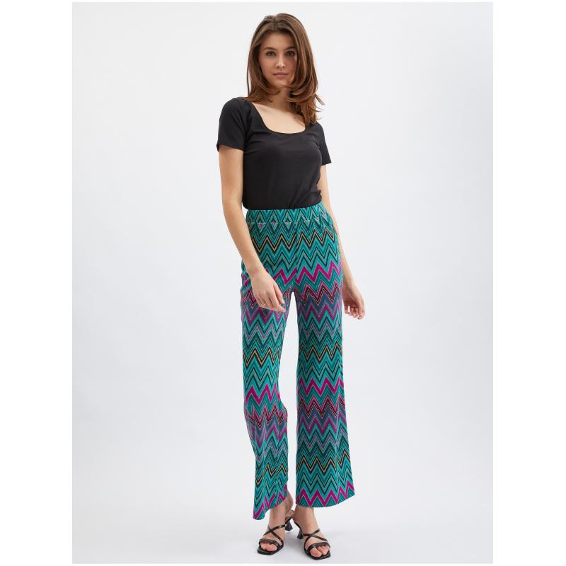 Ružovo-zelené dámske nohavice so vzorom