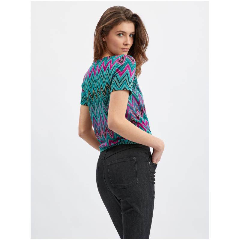 Růžovo-zelené dámské vzorované tričko