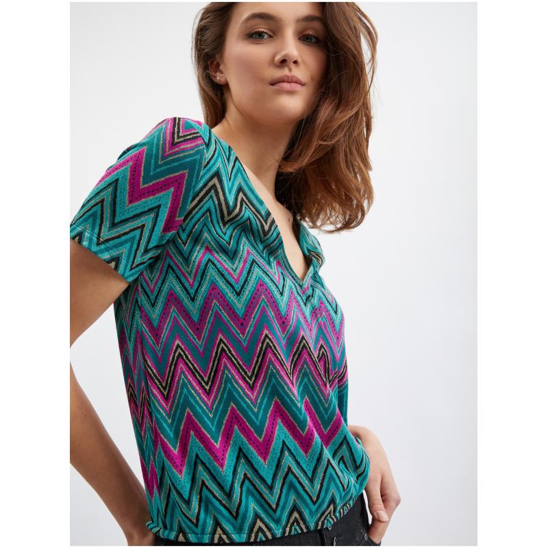 Růžovo-zelené dámské vzorované tričko