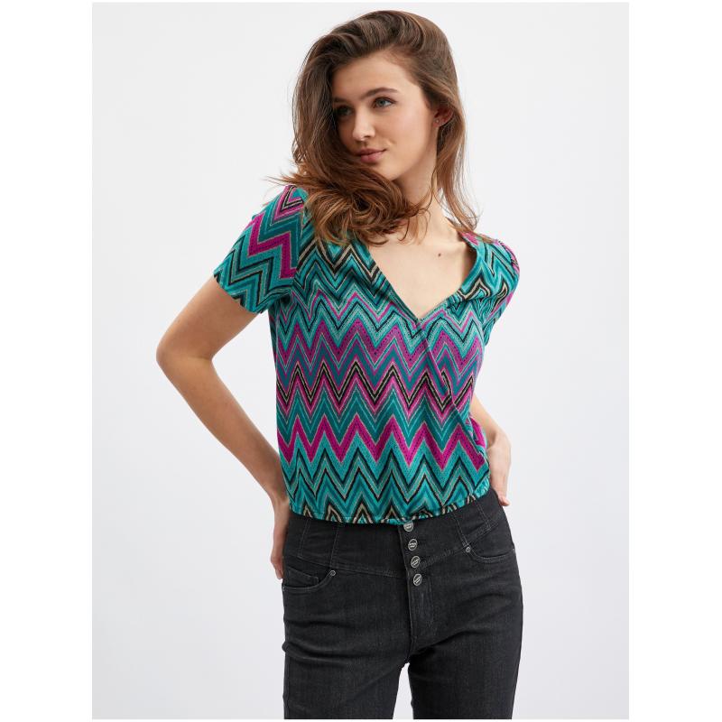 Růžovo-zelené dámské vzorované tričko