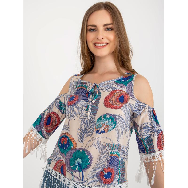 Női nyomtatott blúz szabadon hagyott vállakkal LANA beige