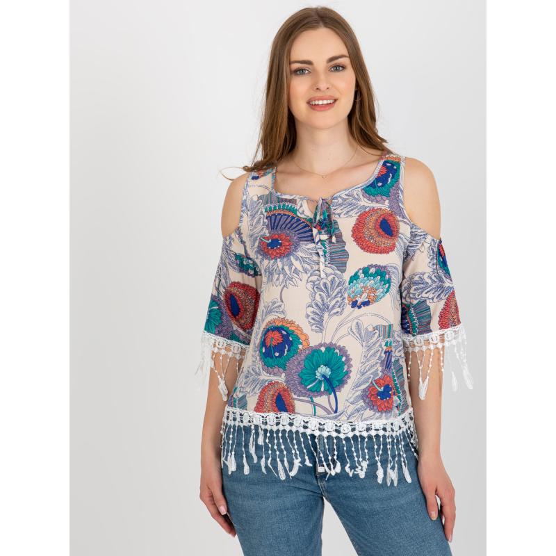 Női nyomtatott blúz szabadon hagyott vállakkal LANA beige