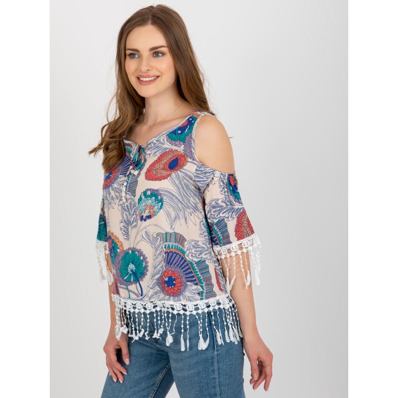 Női nyomtatott blúz szabadon hagyott vállakkal LANA beige
