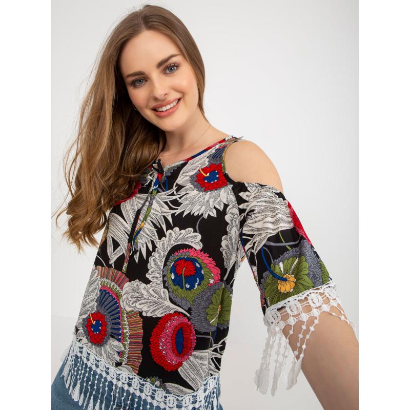 Dámská halenka s potiskem a zavazováním za krkem HERA černá 