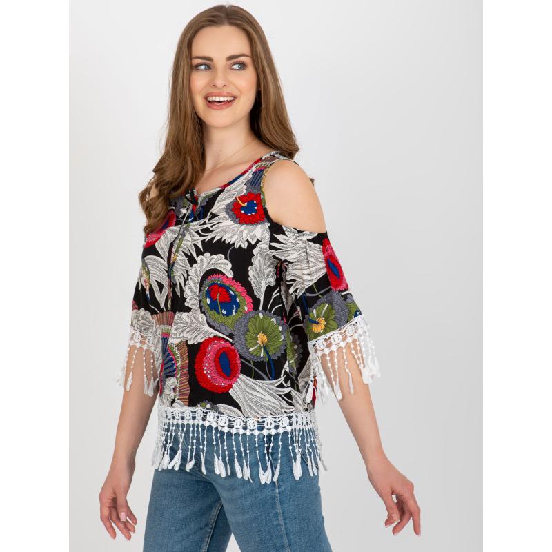 Dámská halenka s potiskem a zavazováním za krkem HERA černá 