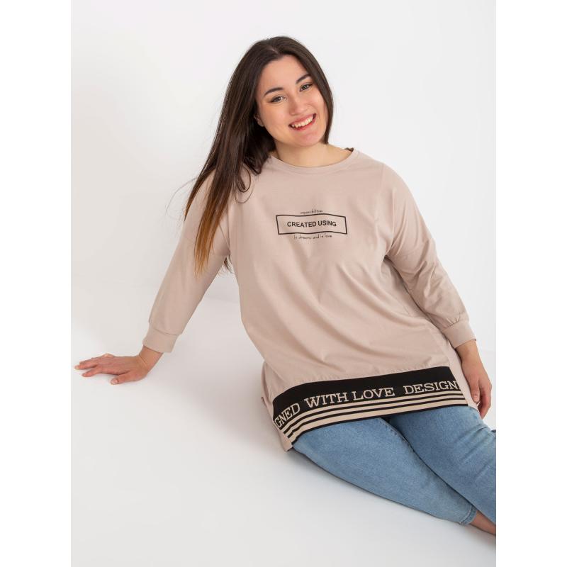 Női tunika pulóver feliratos pamut plus size pulóver REINA bézs