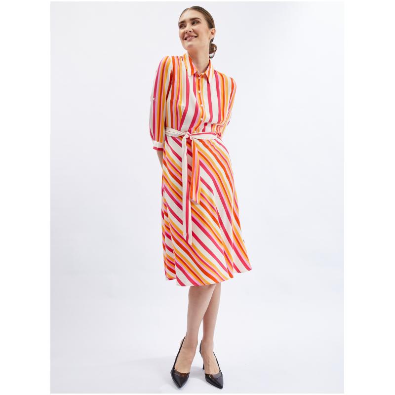 Červeno-oranžové dámské pruhované košilové šaty