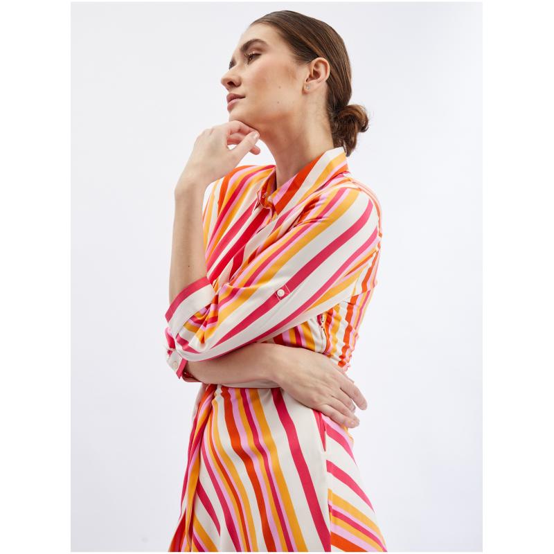 Červeno-oranžové dámské pruhované košilové šaty