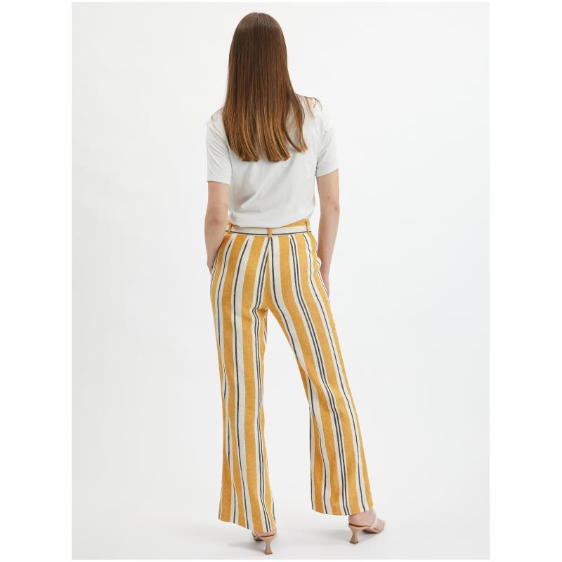 Oranžové dámské pruhované lněné kalhoty
