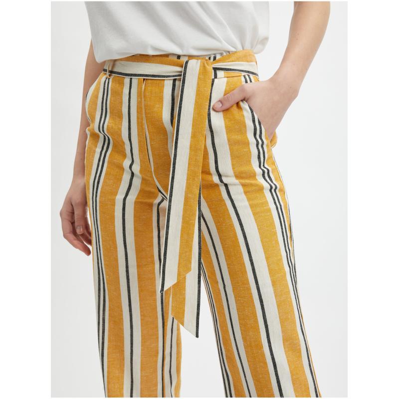 Oranžové dámské pruhované lněné kalhoty