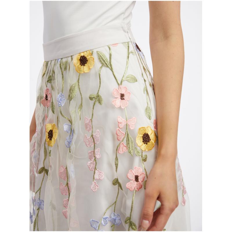 Krémová dámska kvetinová midi sukňa