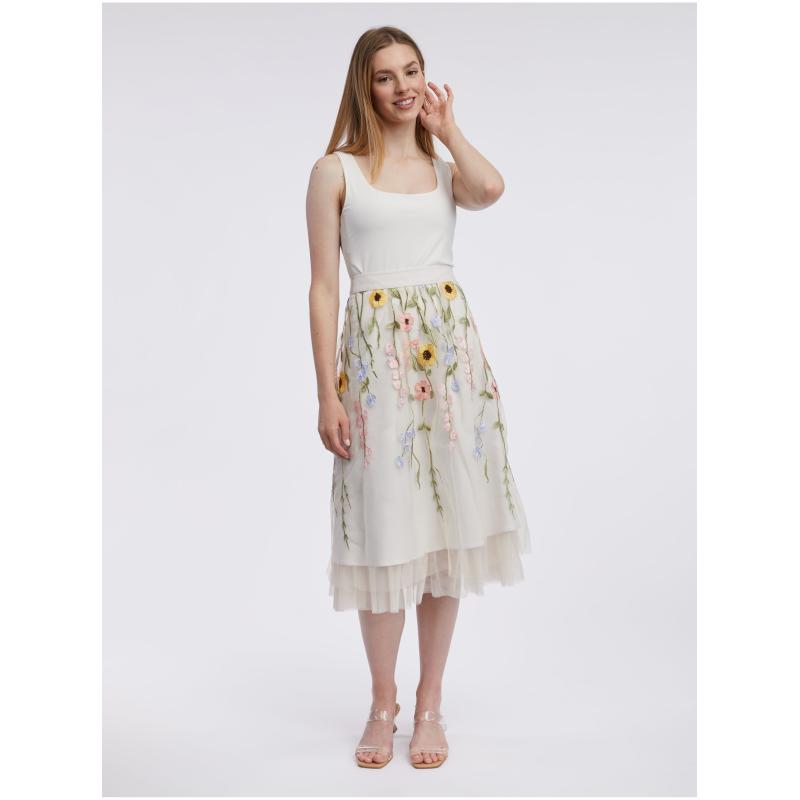 Krémová dámska kvetinová midi sukňa