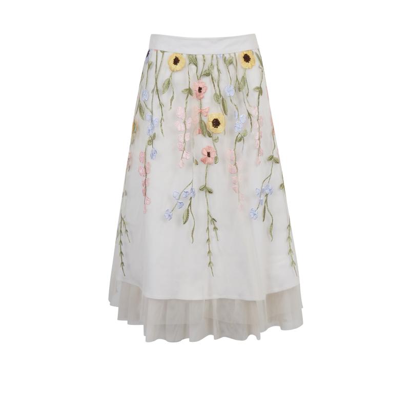 Krémová dámska kvetinová midi sukňa
