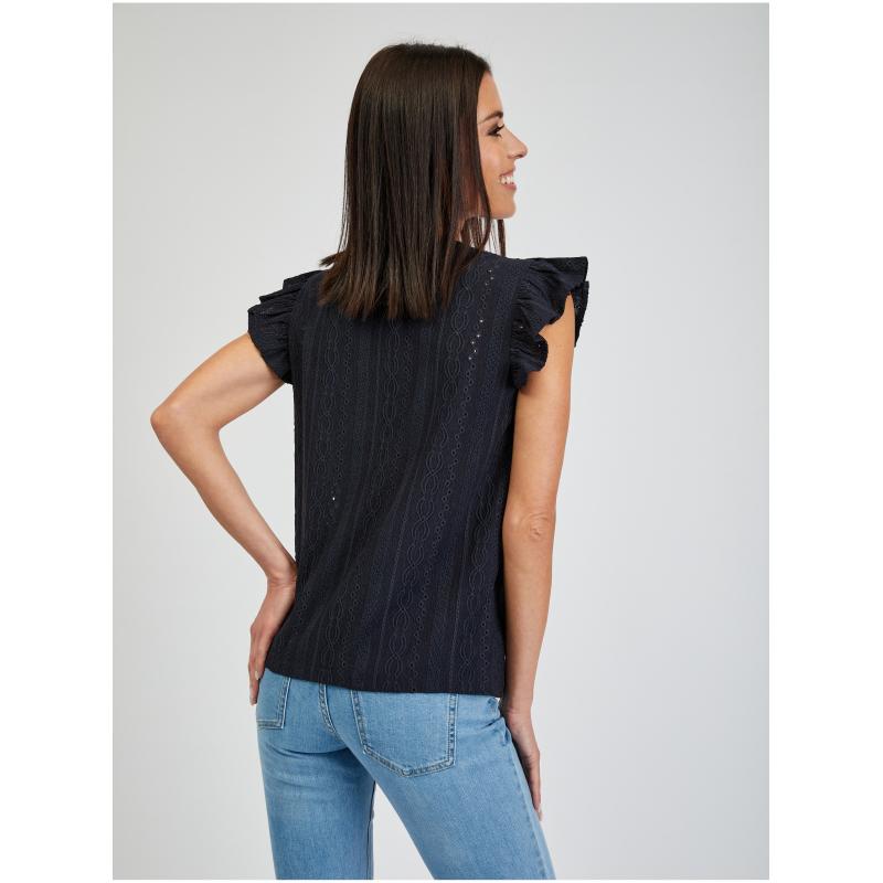 Sötétkék női póló fodros fodorral