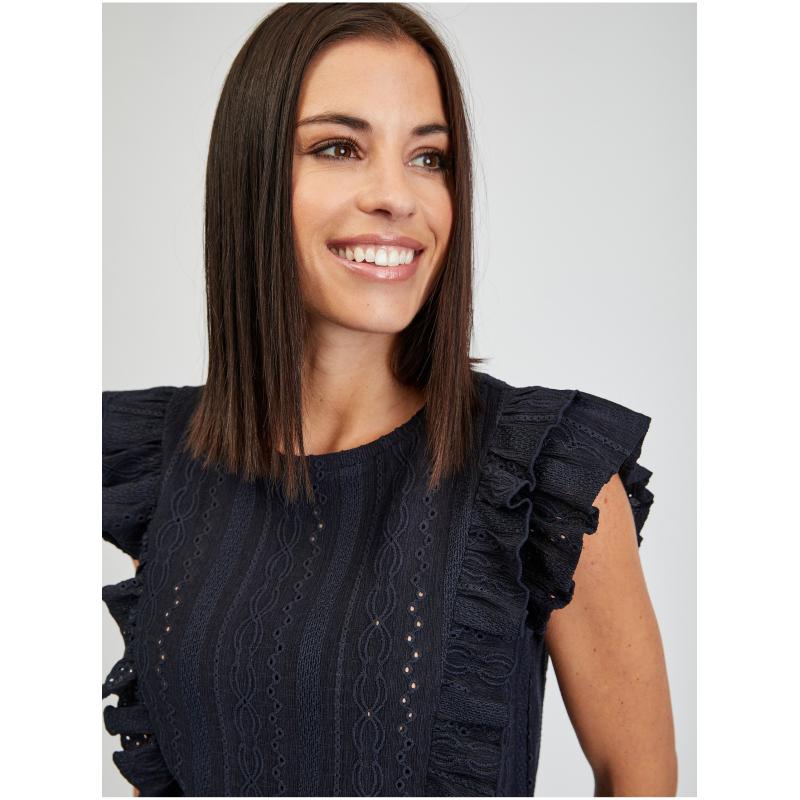 Sötétkék női póló fodros fodorral