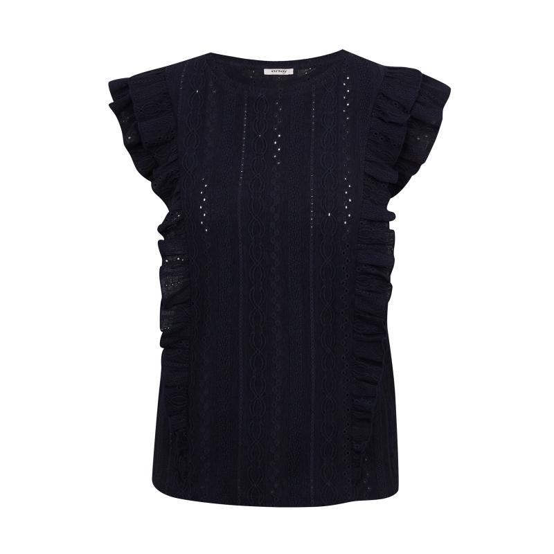 Sötétkék női póló fodros fodorral