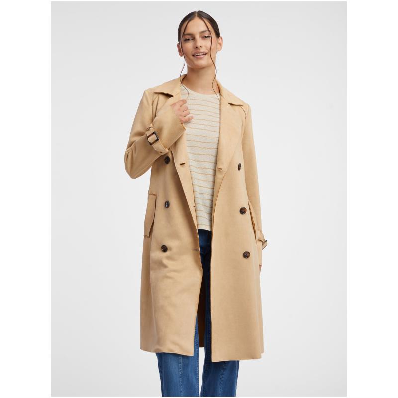Dámsky béžový trenčkot v semišovej úprave