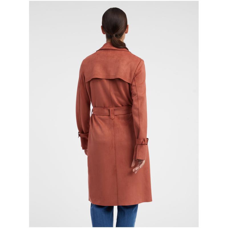 Cihlový dámský trenčkot v semišové úpravě