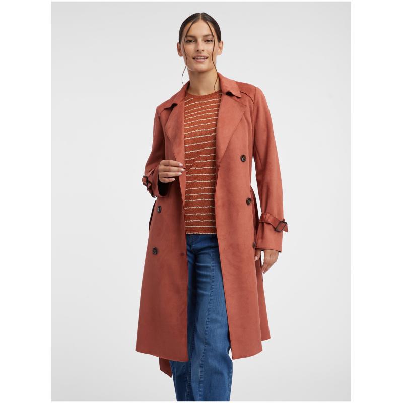 Cihlový dámský trenčkot v semišové úpravě