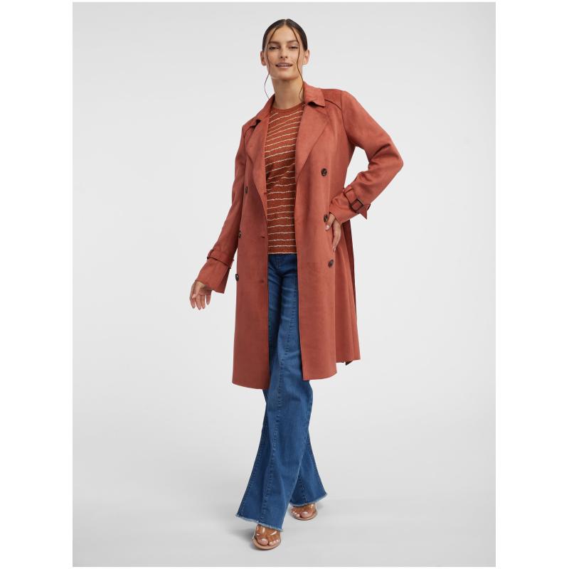 Cihlový dámský trenčkot v semišové úpravě