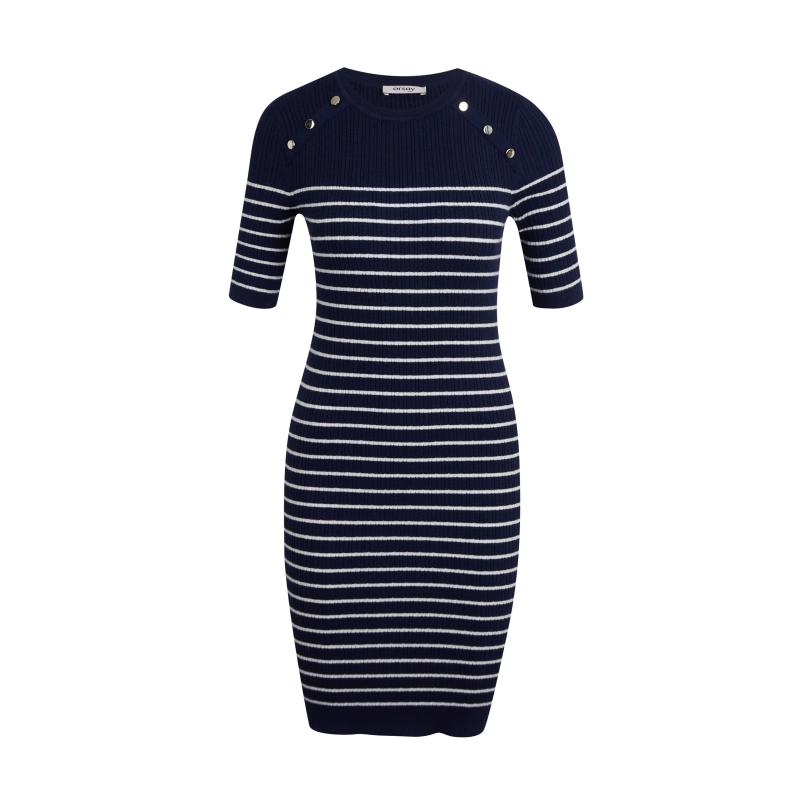 Tmavě modré dámské pruhované svetrové šaty
