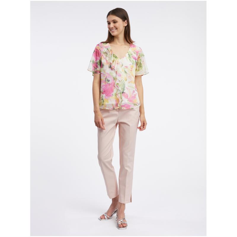 Ružovo-biela dámska kvetovaná blúzka