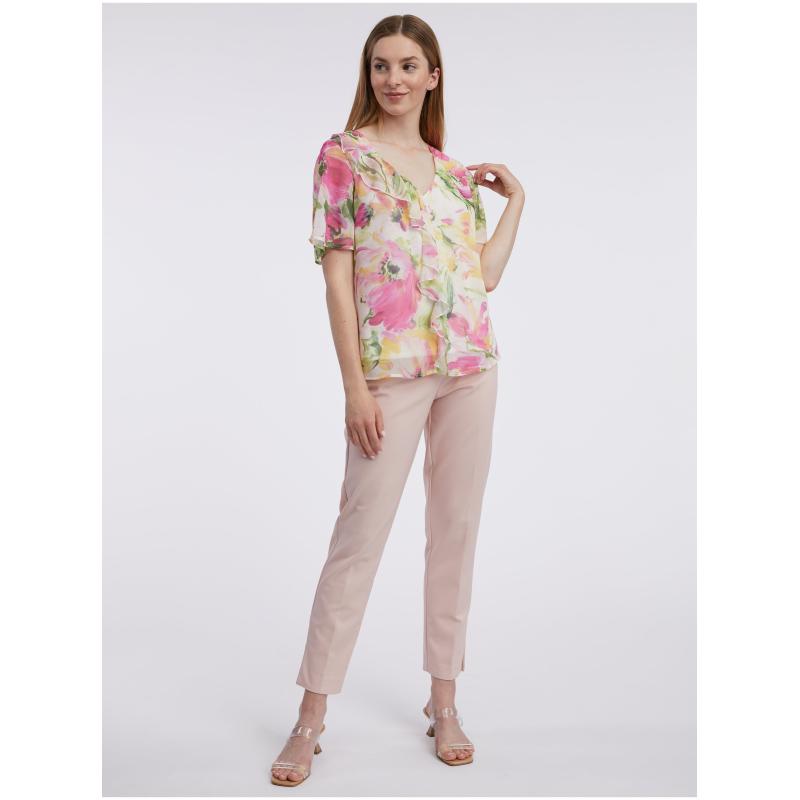 Ružovo-biela dámska kvetovaná blúzka
