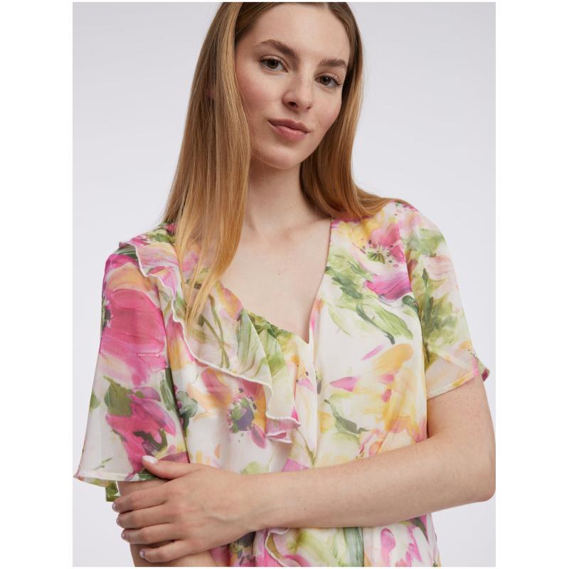 Ružovo-biela dámska kvetovaná blúzka