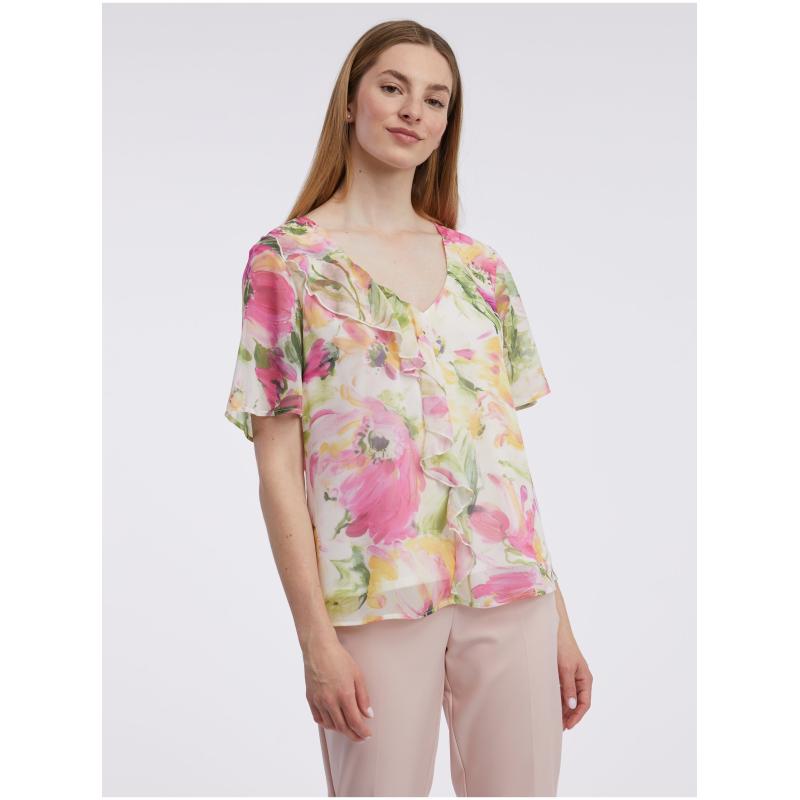 Ružovo-biela dámska kvetovaná blúzka