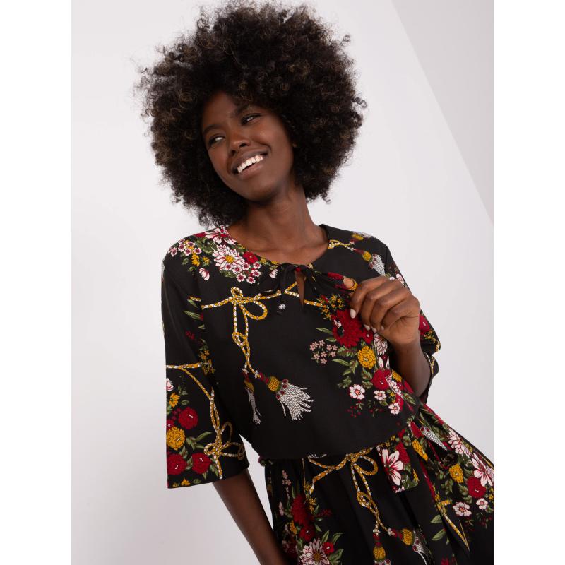 Dámske midi šaty s potlačou a 3/4 rukávmi BEATA čierne