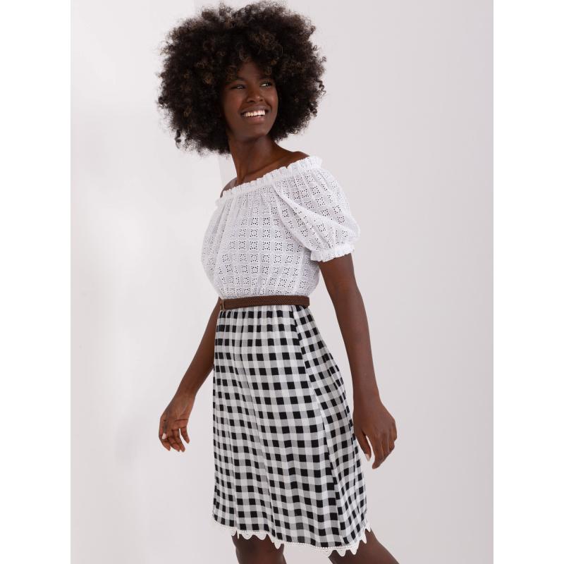 Dámské šaty s páskem puntíkované ELA ecru černé 