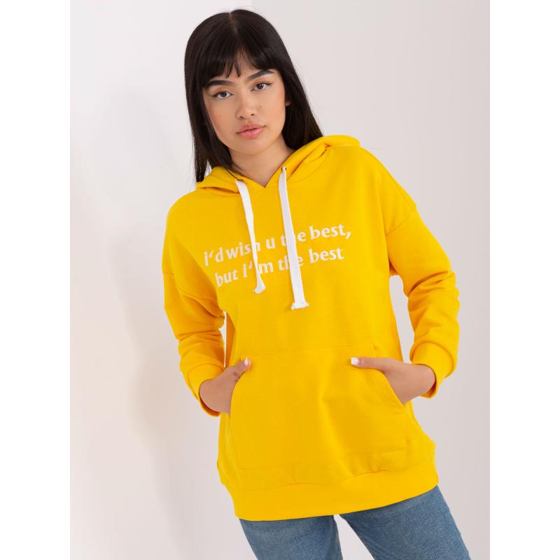 Női kapucnis pulóver felirattal JENNA sötétsárga