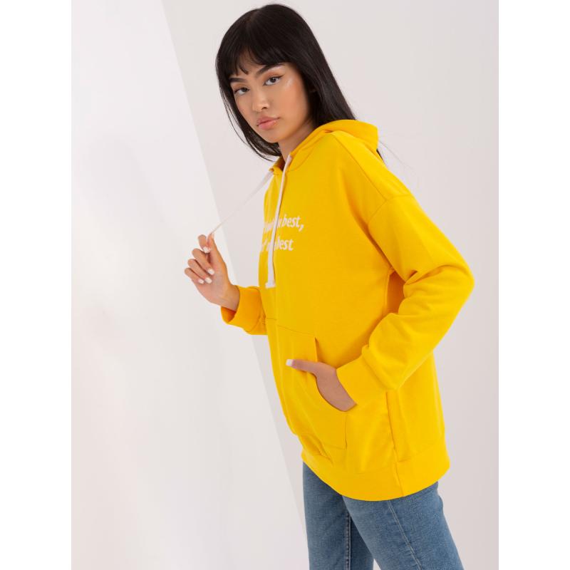 Női kapucnis pulóver felirattal JENNA sötétsárga