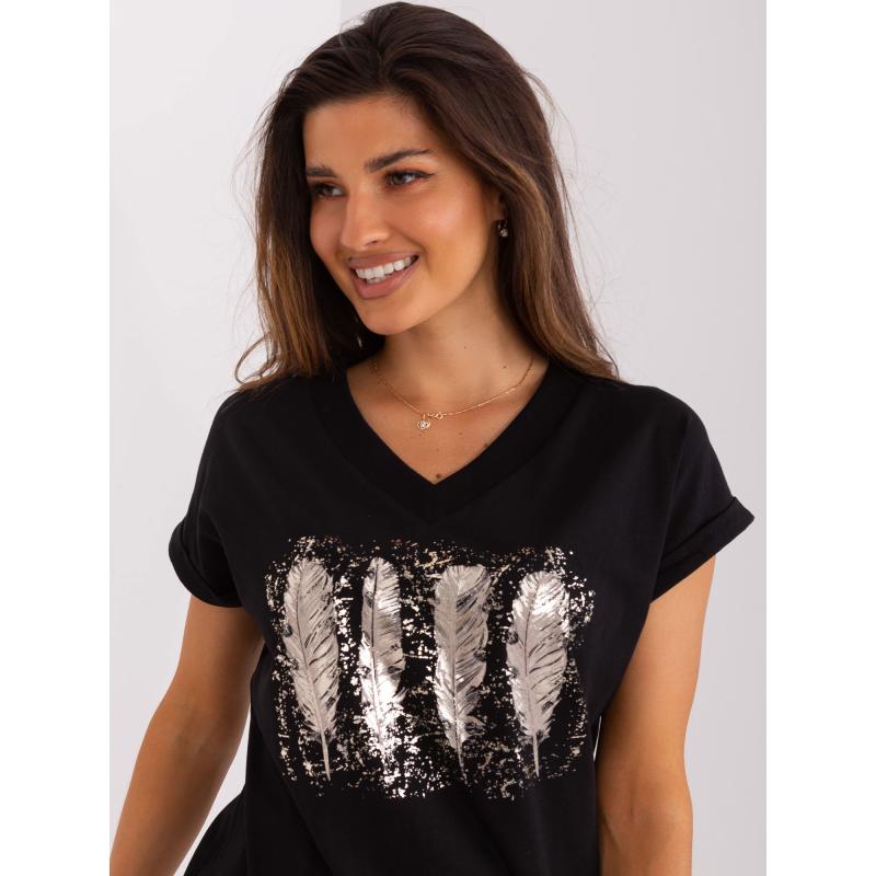 Dámská halenka s potiskem a výstřihem do V RUE PARIS černá 