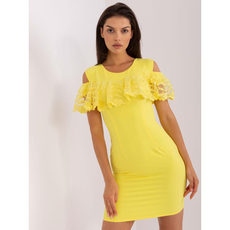 Dámské šaty s volánky mini koktejlové LARISA žluté 
