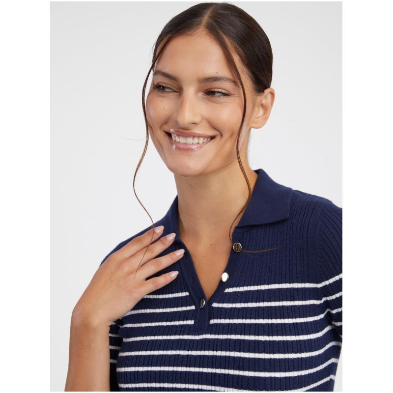 Sötétkék női csíkos kötött póló póló