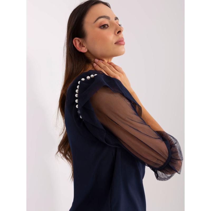 Női blúz hálós ujjakkal SELLA tengerészkék