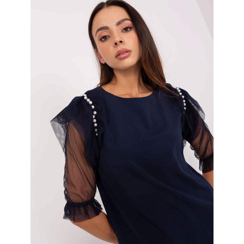 Női blúz hálós ujjakkal SELLA tengerészkék