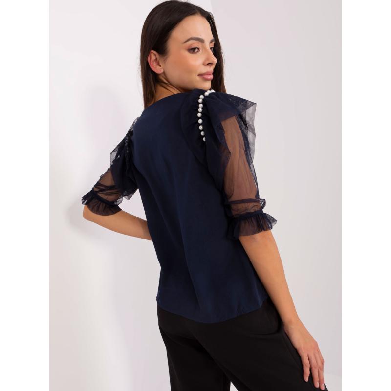 Női blúz hálós ujjakkal SELLA tengerészkék