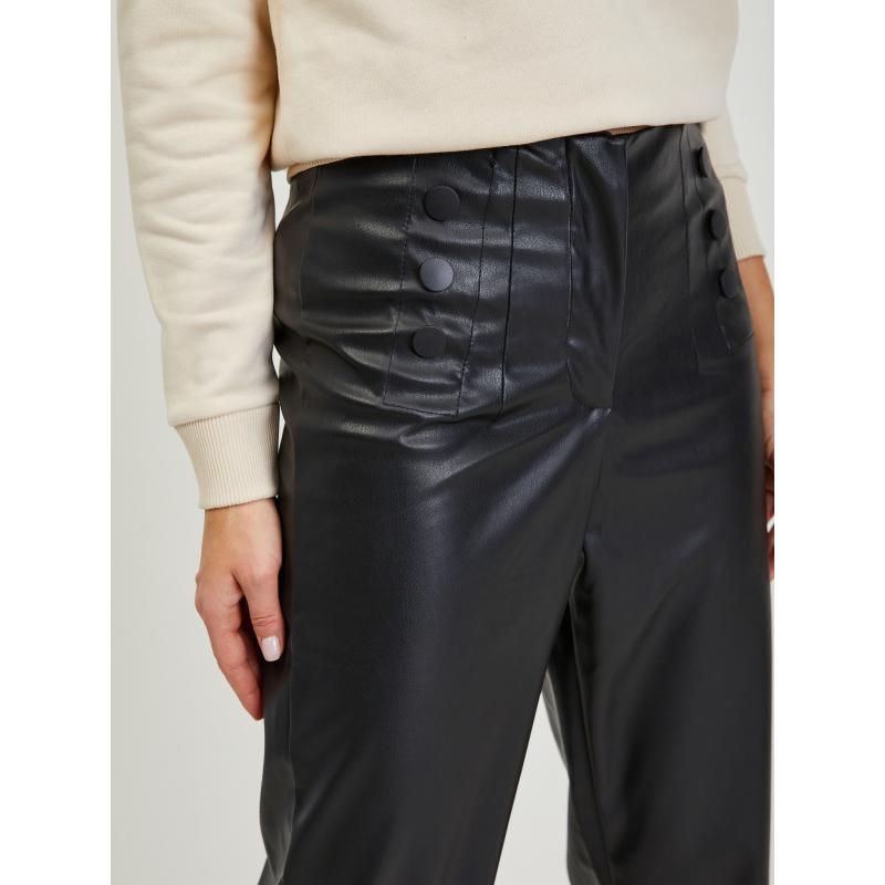 Čierne dámske orezané koženkové nohavice