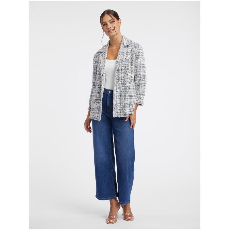 Modré a krémové dámske tvídové sako