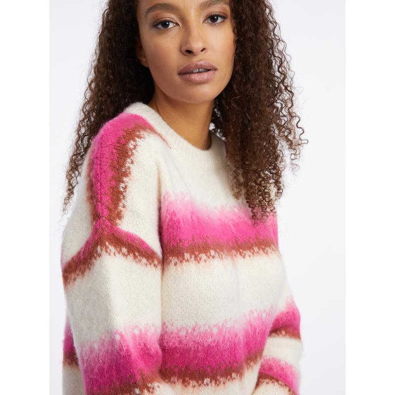 Rózsaszín és krémszínű női csíkos kardigán gyapjúkeverékkel